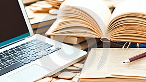 Open books and a laptop on a desk create a study environment.